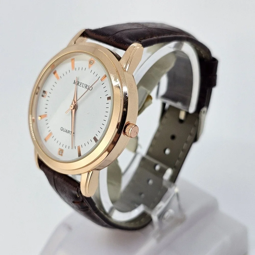 Men's‎ Watch 40MM White Gold Case Dial Brown Leather Bands New Battery